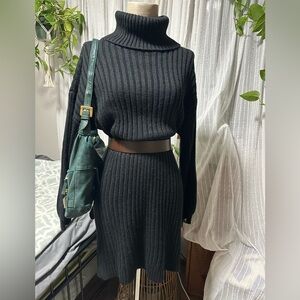 Elegant Black Ribbed Turtleneck Sweater Dress